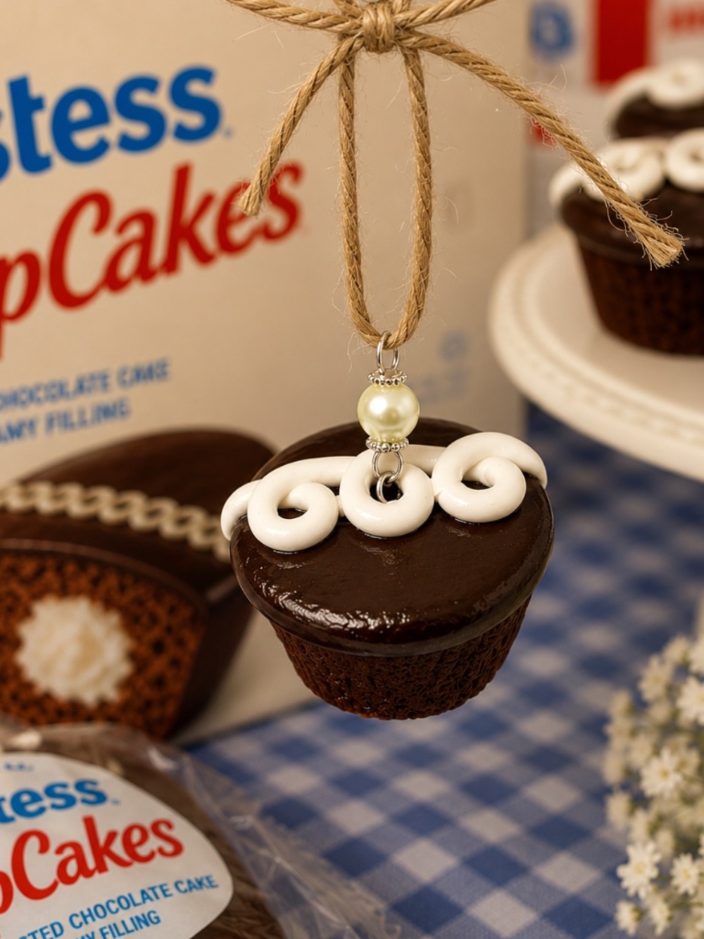 Hostess Cupcake Ornament | Handmade Chocolate Cupcake Charm | Nostalgic Dessert